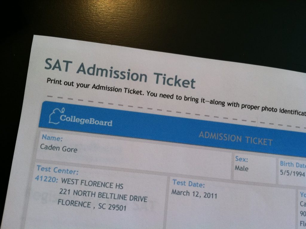 An SAT Admission Ticket stub from 2011. This ticket is required for taking the SAT.